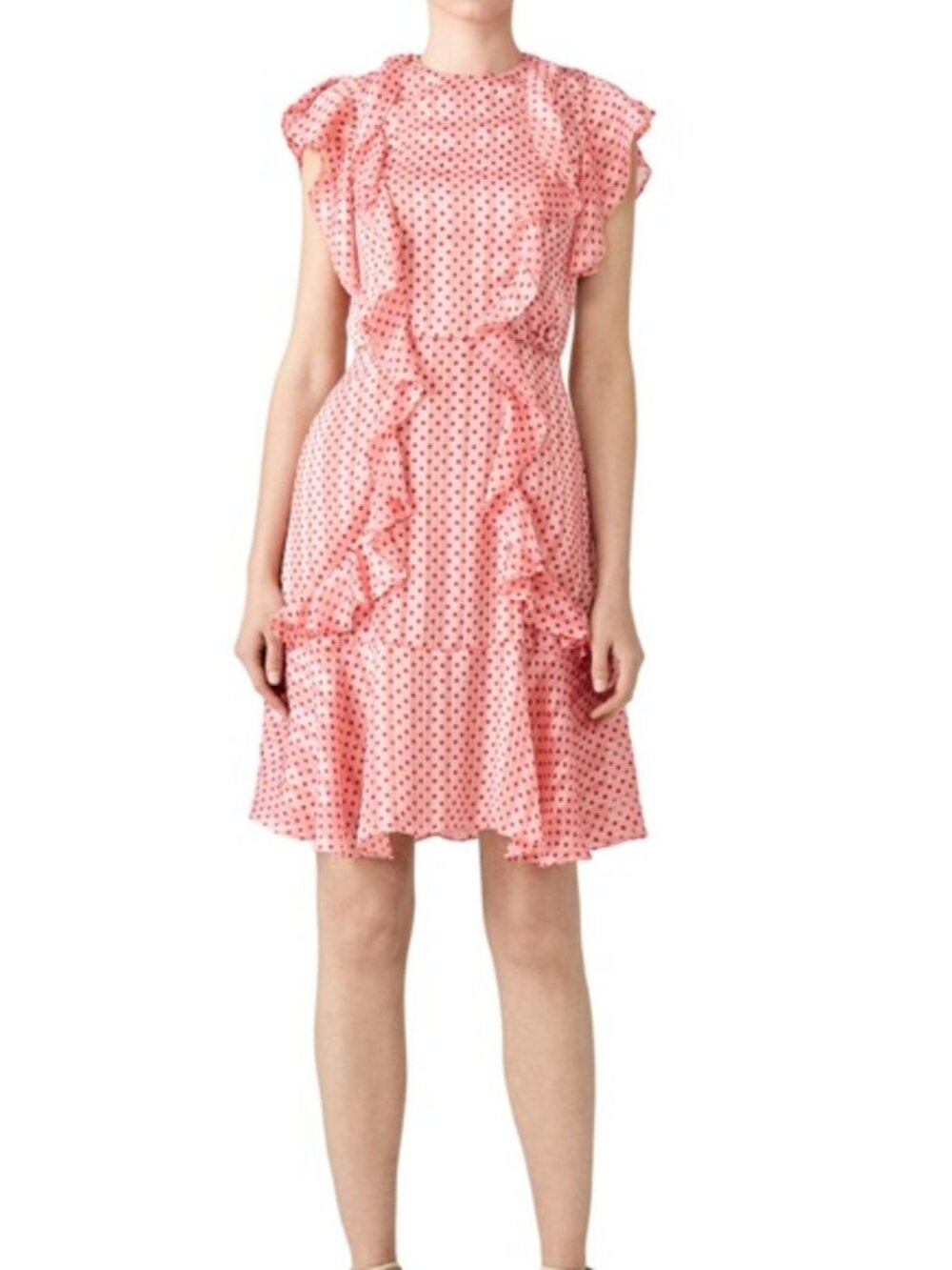 Monique Lhullier Chiffon Mini Dress Pink w/ Red Polka Dots Retro Dainty Ruffles - Picture 11 of 11